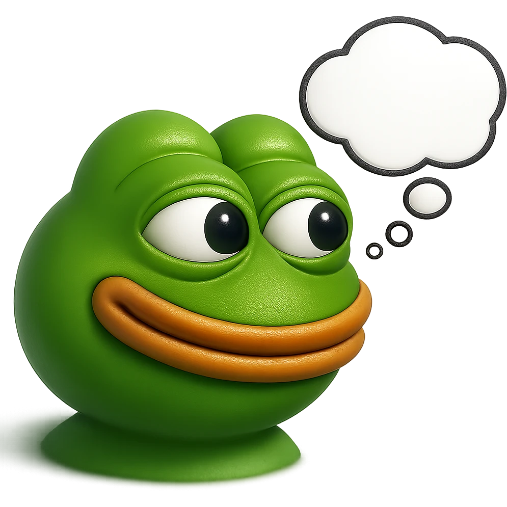 make a pepe in bright green smiling with thought bubble looking at right right in 3d style, good highlights and shadows, drop shadows emoji