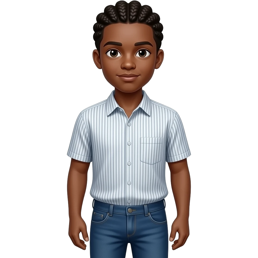African American teenage boy with cornrow braids wearing a short sleeve button up shirt with thin vertical stripes pattern on it wearing navy blue denim jeans emoji