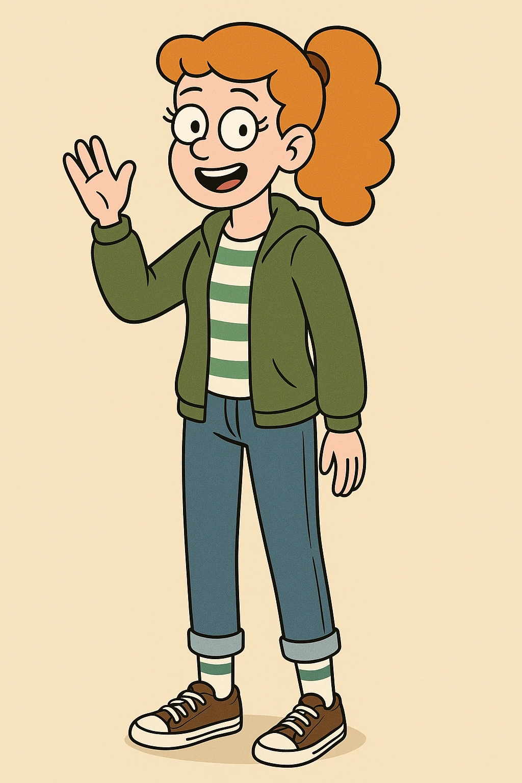 A girl Orange curly ponytail white green stripes ddre sshair jacket jeans blue sports striped socks brown converse women's chuck taylor all star shoreline slip on casual shoe wave and say hello emoji