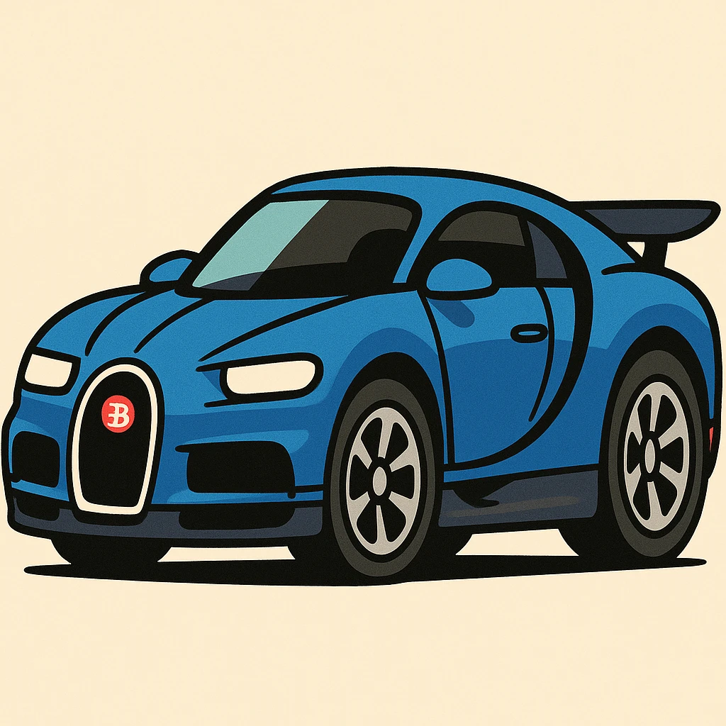 Bugatti Chiron, cartoon style, side profile, playful proportions, blue and black emoji