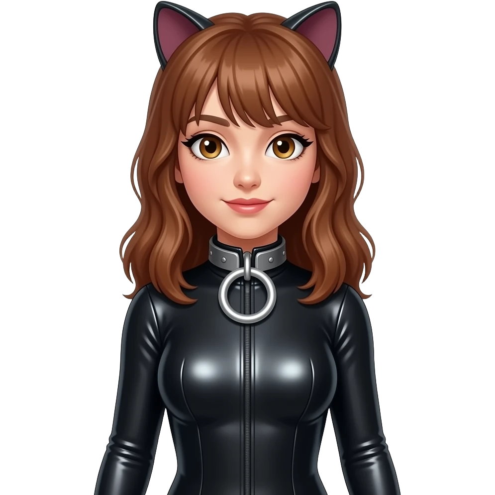 Girl wearing Latex catsuit from top to feet. Metal neck collar with big O-Ring emoji
