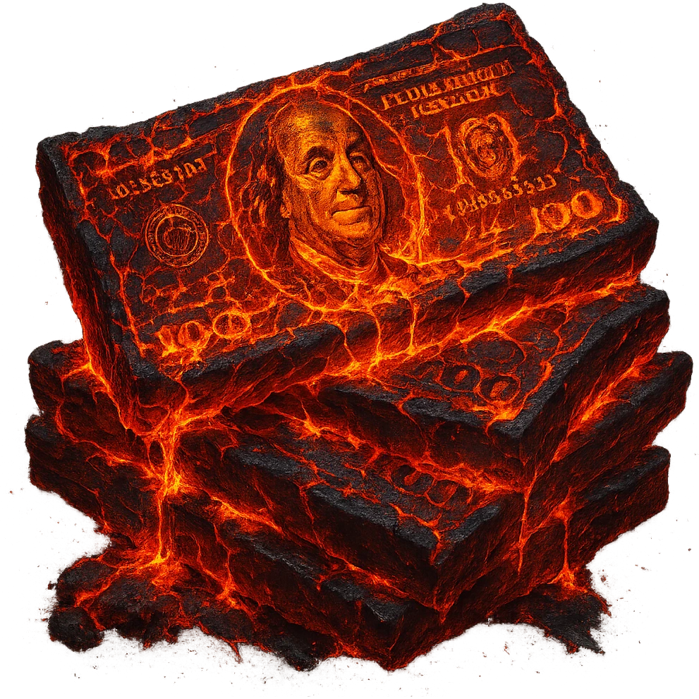Transform the stack of money into lava money: make the bills appear to be melting and turning into glowing, molten lava with realistic textures and dramatic lighting. Keep the background transparent. Style should resemble a realistic molten lava effect with glowing heat and texture details. emoji
