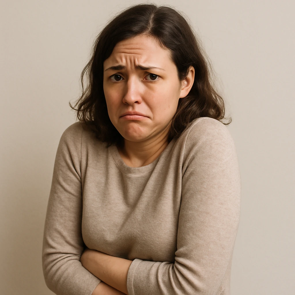 a woman shrinking back, arms close to body, hesitant expression, looking uncomfortable, representing no confidence, simple background emoji