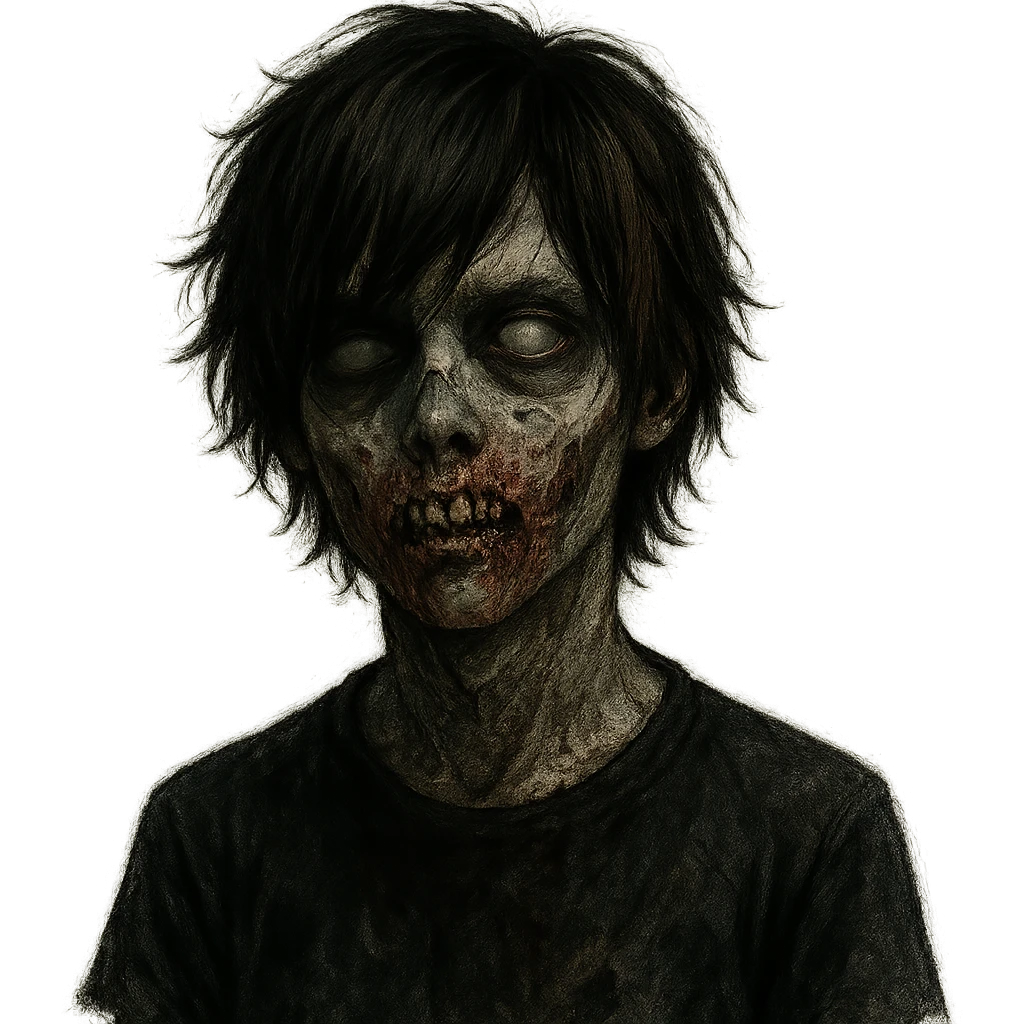zombie boy with messy medium-length hair, mix of black and brown, emo style, eerie and unsettling look emoji