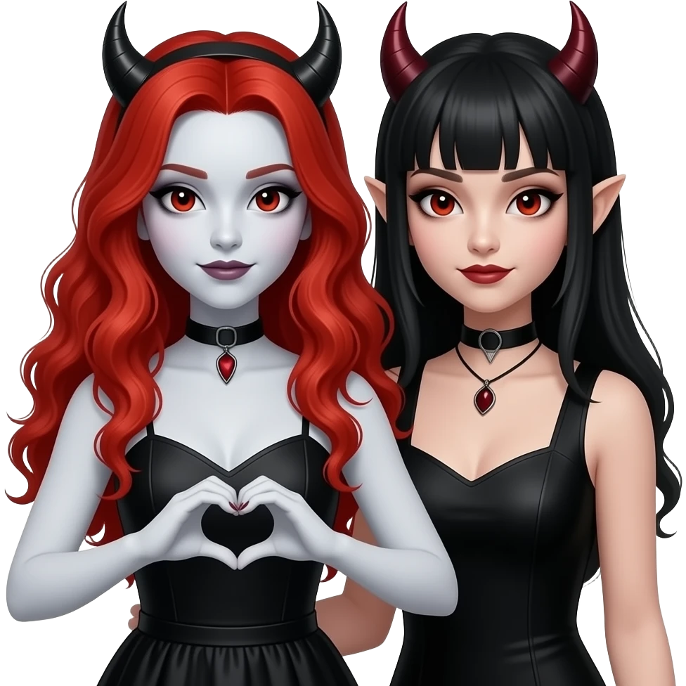 Vampiro femmina adolescente con capelli lunghi rosso fuoco ondulati con pelle bianca che indossa in vestito nero e sta facendo il cuore con le mani con la sua amica vampiro FEMMINA emoji