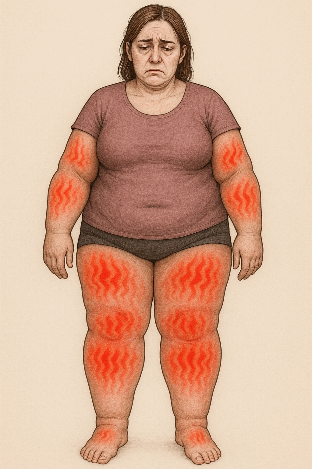 "Woman with lipedema experiencing constant burning and aching pain in disproportionately swollen legs and arms, pain radiating through enlarged fat deposits shown as red heat signatures, expression of chronic suffering and exhaustion, normal daily activities becoming torture due to inflammatory adipose tissue, pain levels fluctuating unpredictably throughout the day" scritte in italiano emoji