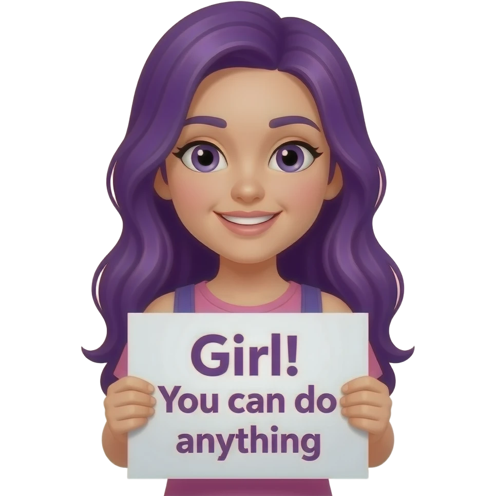 girl with long purple hair holding a GIRL! You can do anything sign emoji