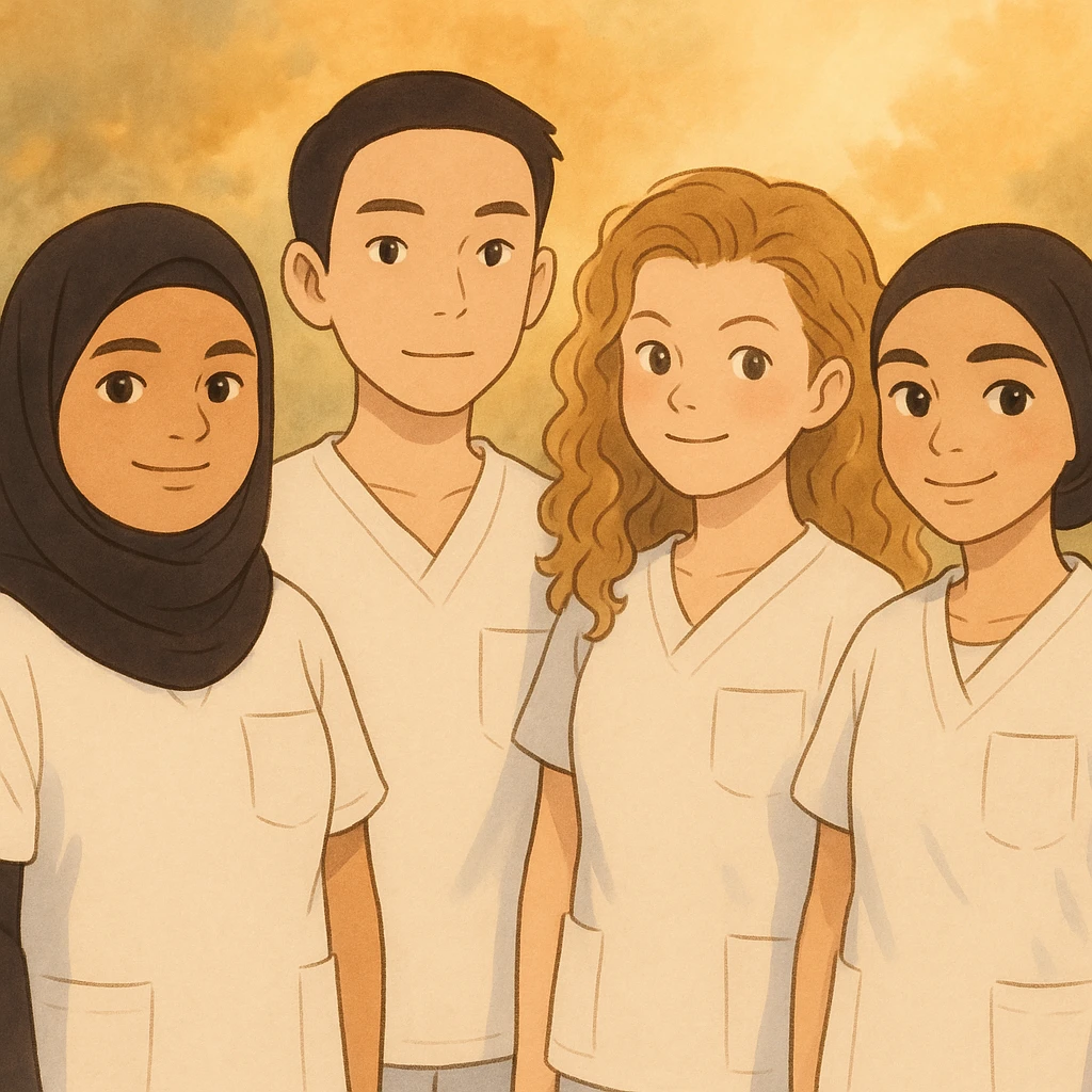 Four nursing students standing side by side in a warm atmosphere, styled in Ghibli. They wear white short-sleeve uniforms without collars, no undershirts or stethoscopes. Tops are medical tunics with V-necks and a chest pocket on the left side. Faces and attitudes inspired by the four provided photos, with a different composition. emoji
