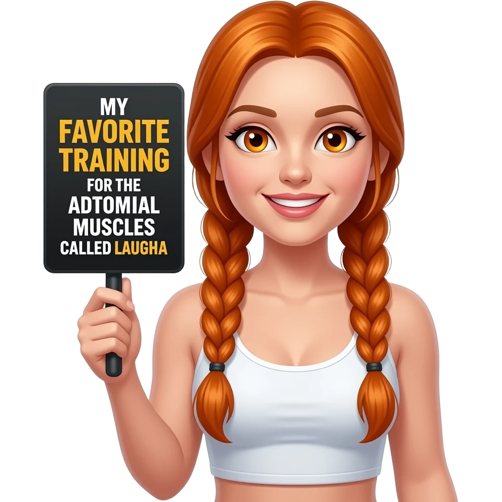 sexy girl with long ginger braids and ginger eyes wearing a white tanktop is holding a black sign with MEIN LIEBLINGSTRAINING für die BAUCHMUSKELN heißt LACHEN written on it emoji
