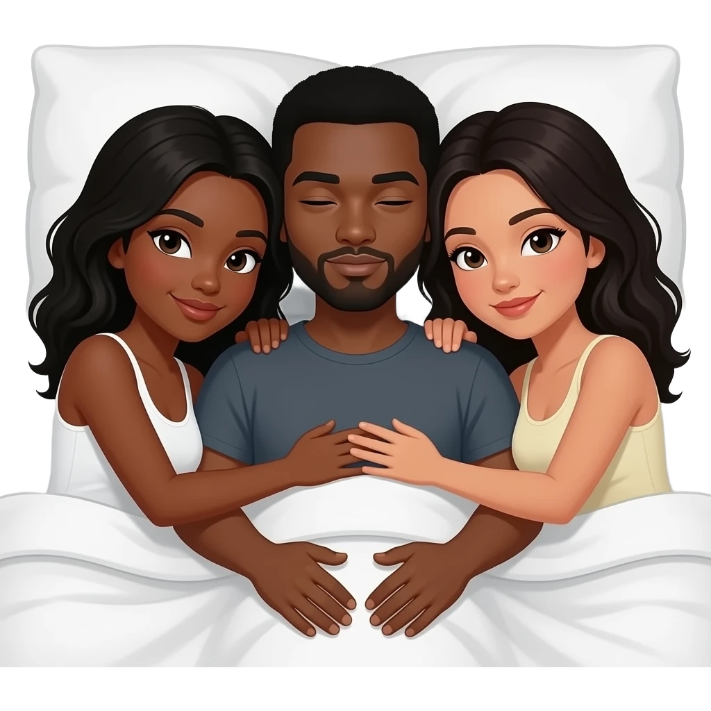 One black male with pale skin Lighter than the other women in between two black females hugging him laying down in bed emoji