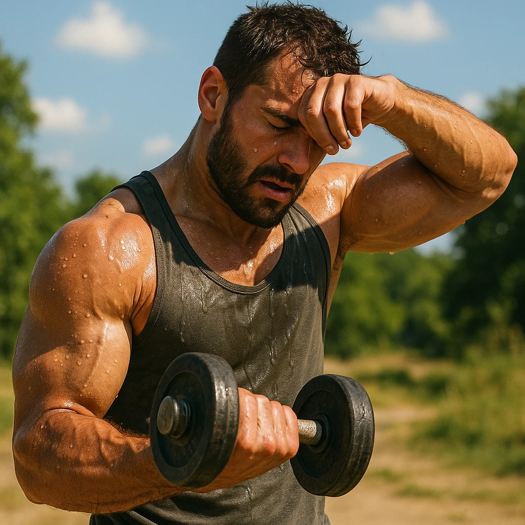 uomo fitness che si allena in estate, tutto sudato, con una mano fa un curl manubri mentre con l'altra mano si asciuga il sudore dalla fronte, espressione affaticata in volto emoji