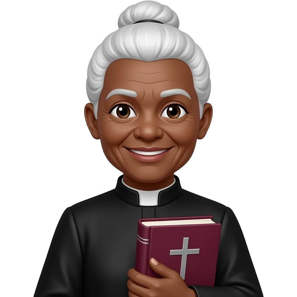 wise old woman with white hair in a bun black skin smile with burgundy book that has a cross on it emoji