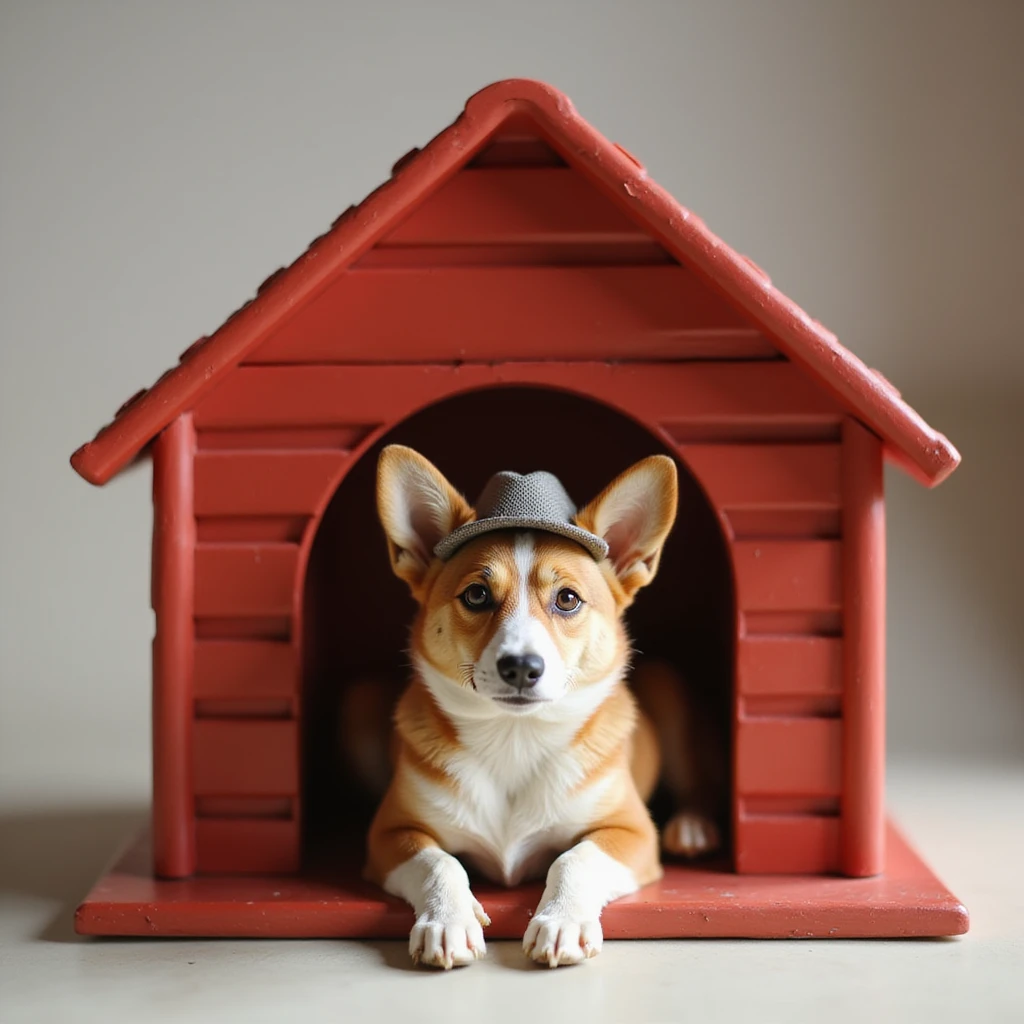 realistic red dog house with a Corgi dog inside, Corgi with a hat, photorealistic style emoji