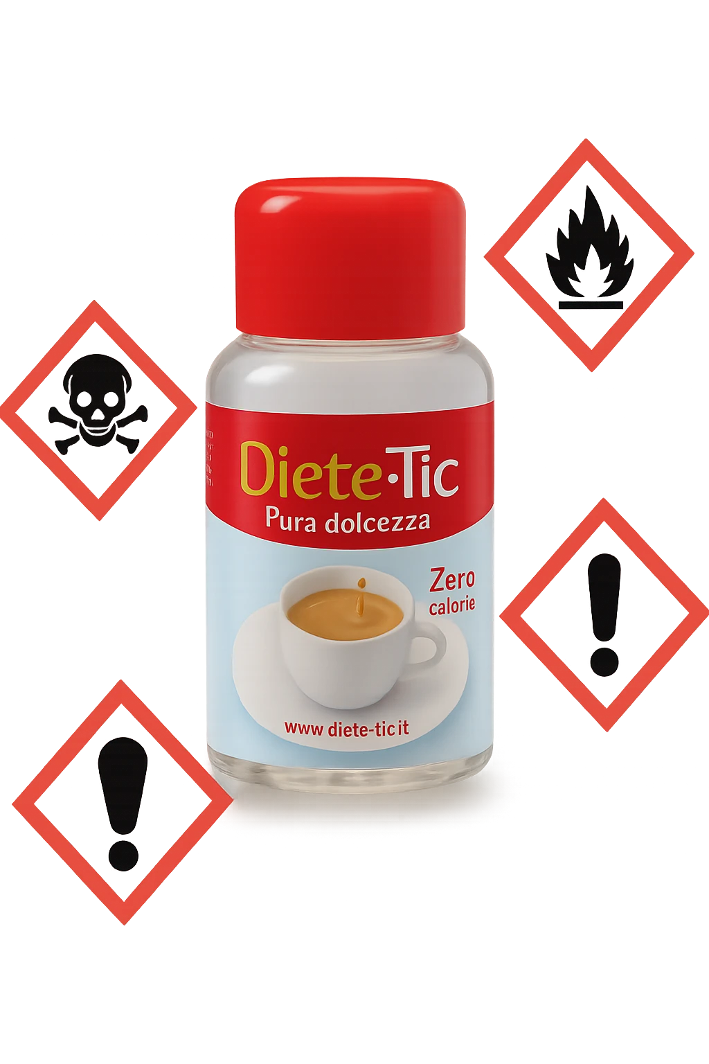 BOCCETTA DI DOLCIFICANTE LIQUIDO CON LA SCRITTA "DIETE-TIC" SULL'ETICHETTA FLUTTUA IN ARIA INSIEME A SEGNALI DI PERICOLO 3D emoji