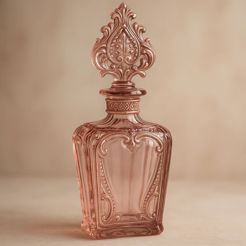 elegant glass perfume bottle in pink, ornate stopper, luxurious and aesthetic look emoji