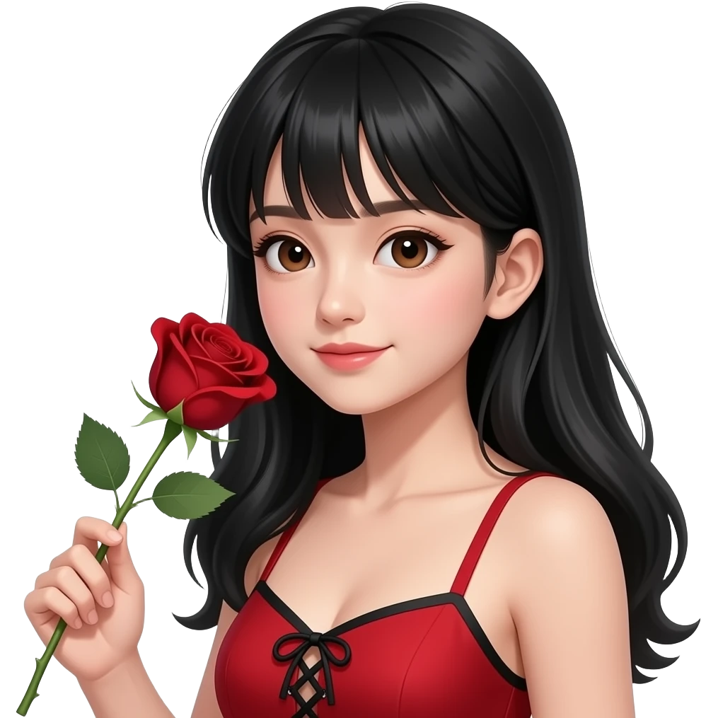 Asian girl with black long hair styled curtain bangs, pretty brown siren eyes, a red dress, thin strap, with the top of a black bra showing laced, make her look attractive  have her head tilted to the side holding a blood red color rose make her look 15 years old and looking at the rose emoji