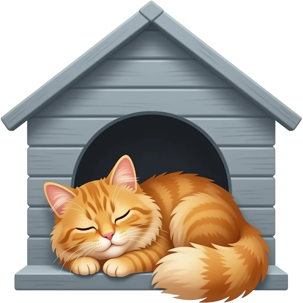 A fluffy long-hair orange Maine Coon is peacefully dozing inside a small grey wooden outdoor cat house, with just its head poking out of the entry hole, eyes closed in contentment. emoji