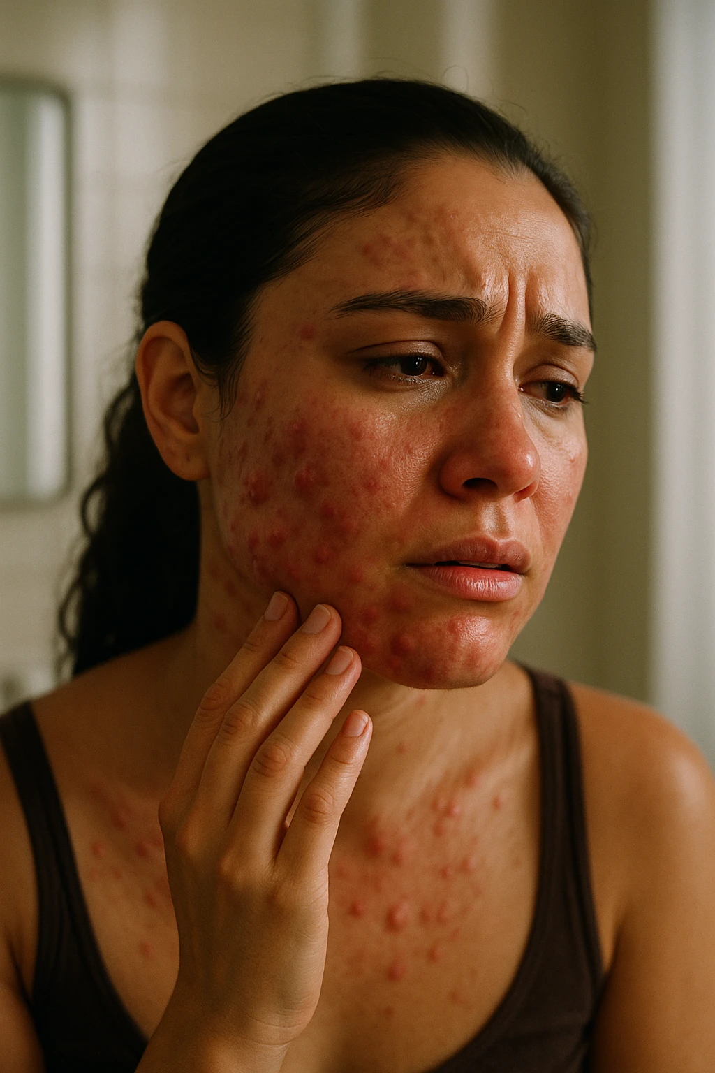 A highly realistic, cinematic portrait of a young woman in her late 20s with medium skin tone, showing visibly inflamed, deep cystic acne along her jawline, cheeks, and chin. Her skin appears red and irritated around the acne nodules, with noticeable swelling and tenderness, illustrating the painful nature of cystic acne linked to PCOS. Her facial expression shows discomfort and emotional distress, with slightly teary eyes as she gently touches an inflamed area on her jawline with her fingertips. Her hair is pulled back to clearly show the acne areas, and her skin has a slightly oily texture due to androgen-related sebum overproduction. The environment is a softly lit bathroom with neutral daylight, emphasizing the skin texture, redness, and deep acne. The style is realistic, 35mm cinematic photography with warm, neutral tones, soft shadows, and clear skin detail, providing a compassionate yet direct visualization of PCOS-related cystic acne emoji