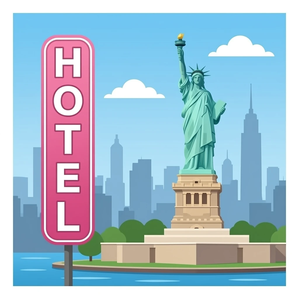 Pink Hotel signboard HOTEL in New York  Statue of Liberty emoji