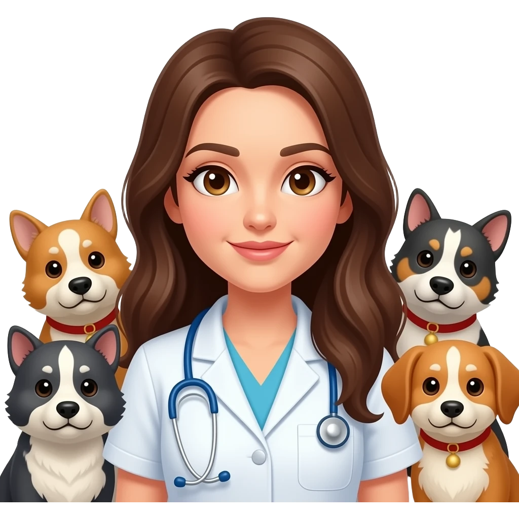 female veterinarian with long brown hair with animals emoji