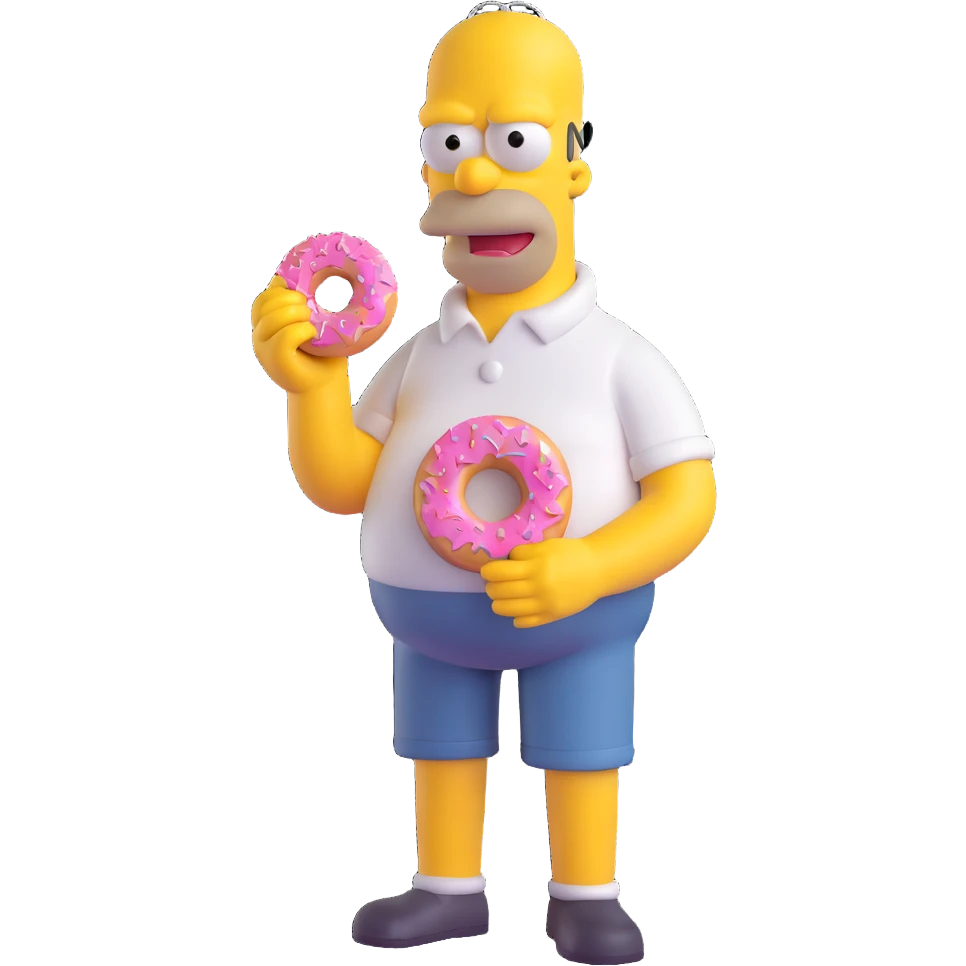 Homer Simpson 3D character, vibrant colors, holding a pink donut, classic pose emoji