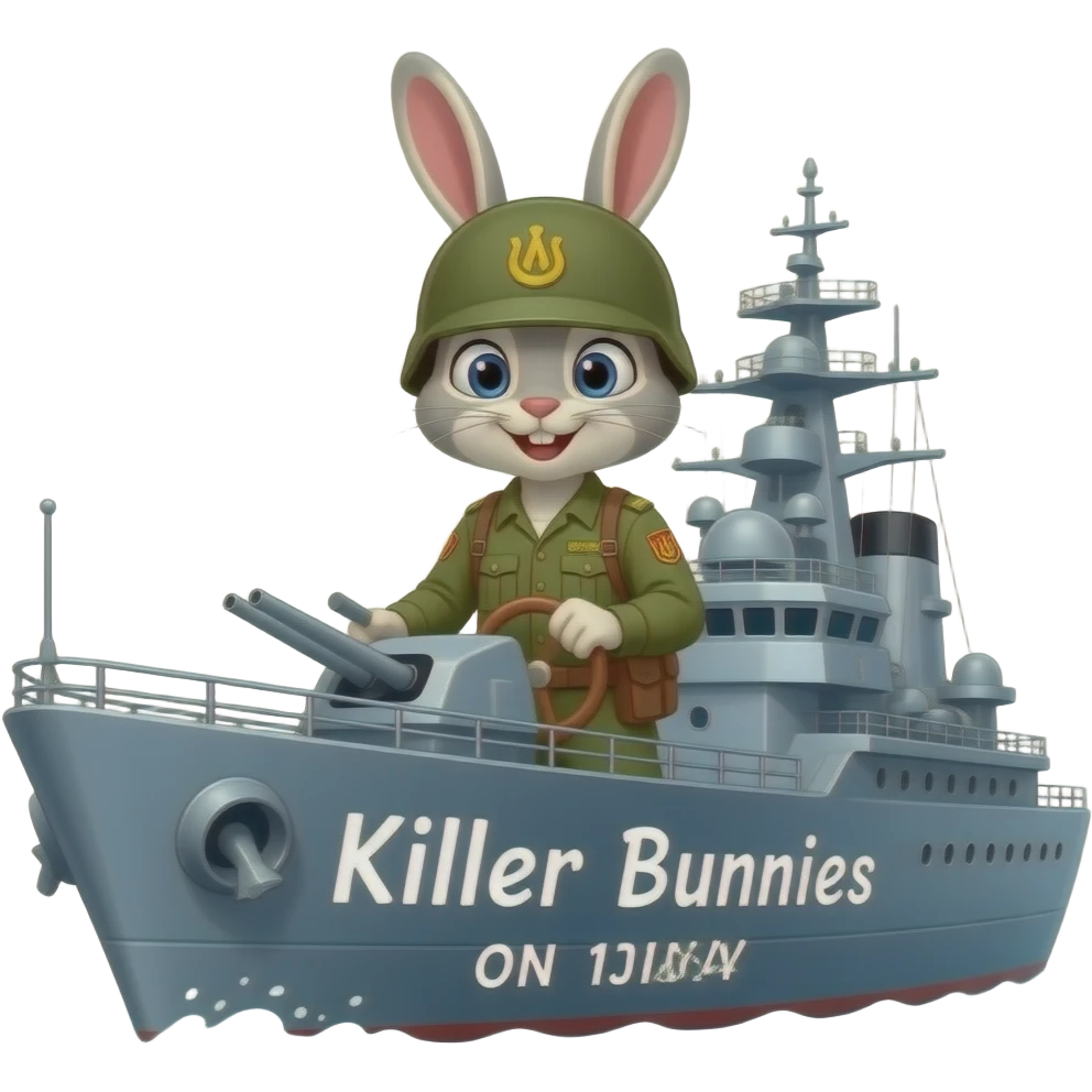 bunny in army fatigues driving a war ship text Killer Bunnies on bow emoji