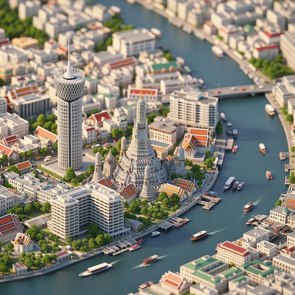 Isometric miniature of Bangkok 3D miniature effect and Tilt Shift effect, no cartoonish look, transparent background. emoji