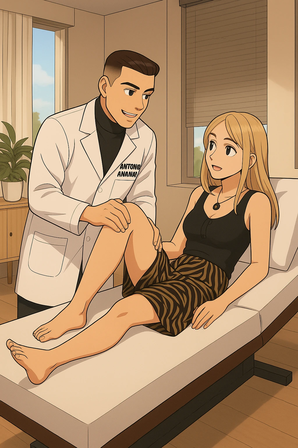 fai un webtoon/manga a colori con questo kinesiologo in camice bianco (fagli la scritta "ANTONIO ANANIA" SUL CAMICE) CHE SVOLGE UN TEST NEUROMUSCOLARE SOLLEVANDO UNA GAMBA ALLA RAGAZZA CHE è STESA SU UN LETTINO BIANCO. STANZA SEMPLICE E MODERNA, DURANTE IL TEST I DUE DIALOGANO TRA LORO. NON FARE I FUMETTI, FAI SOLO LORO COME SE DIALOGASSERO emoji