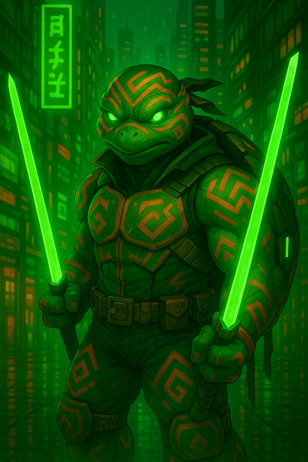Change the color scheme to green and orange while keeping the neon-lit dystopian city background vibrant. Ensure the character's tribal markings and tech details remain visible and clear in the image. emoji
