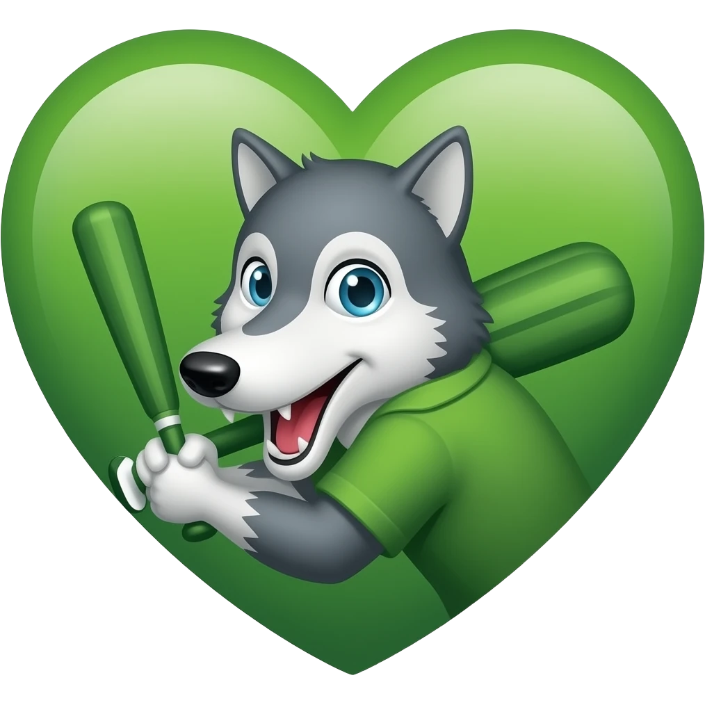 Green heart with a wolf holding a cricket bat emoji