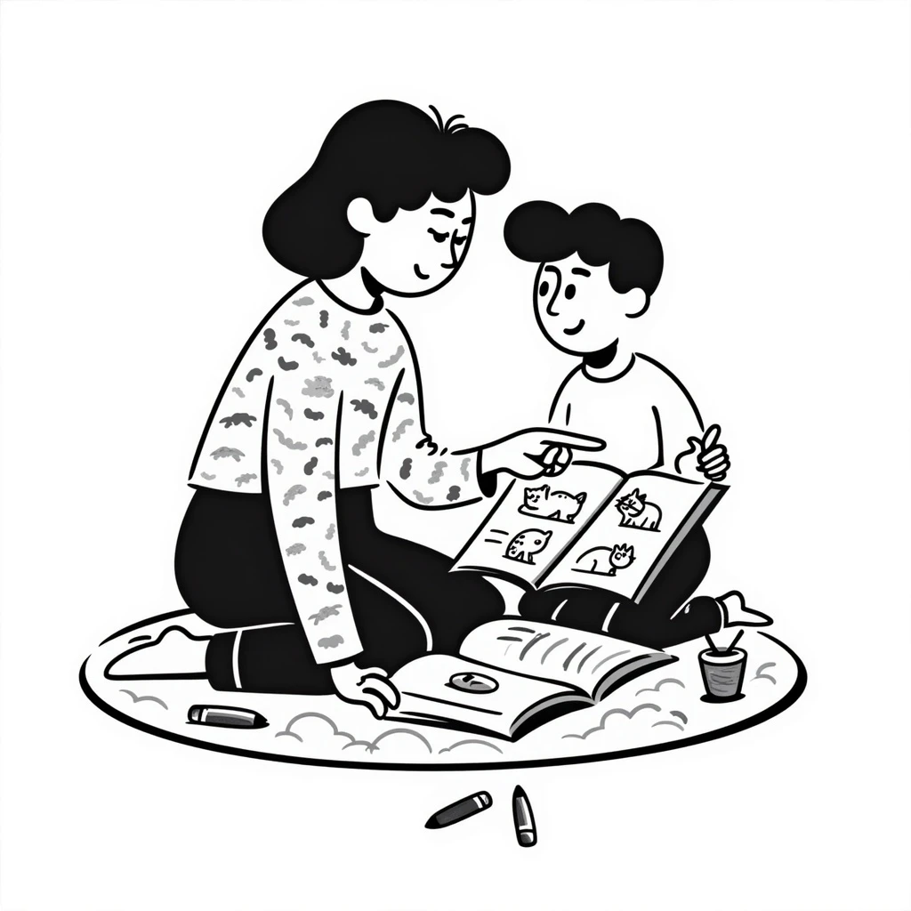 educator or speech therapist with child, who helps child with lessons emoji