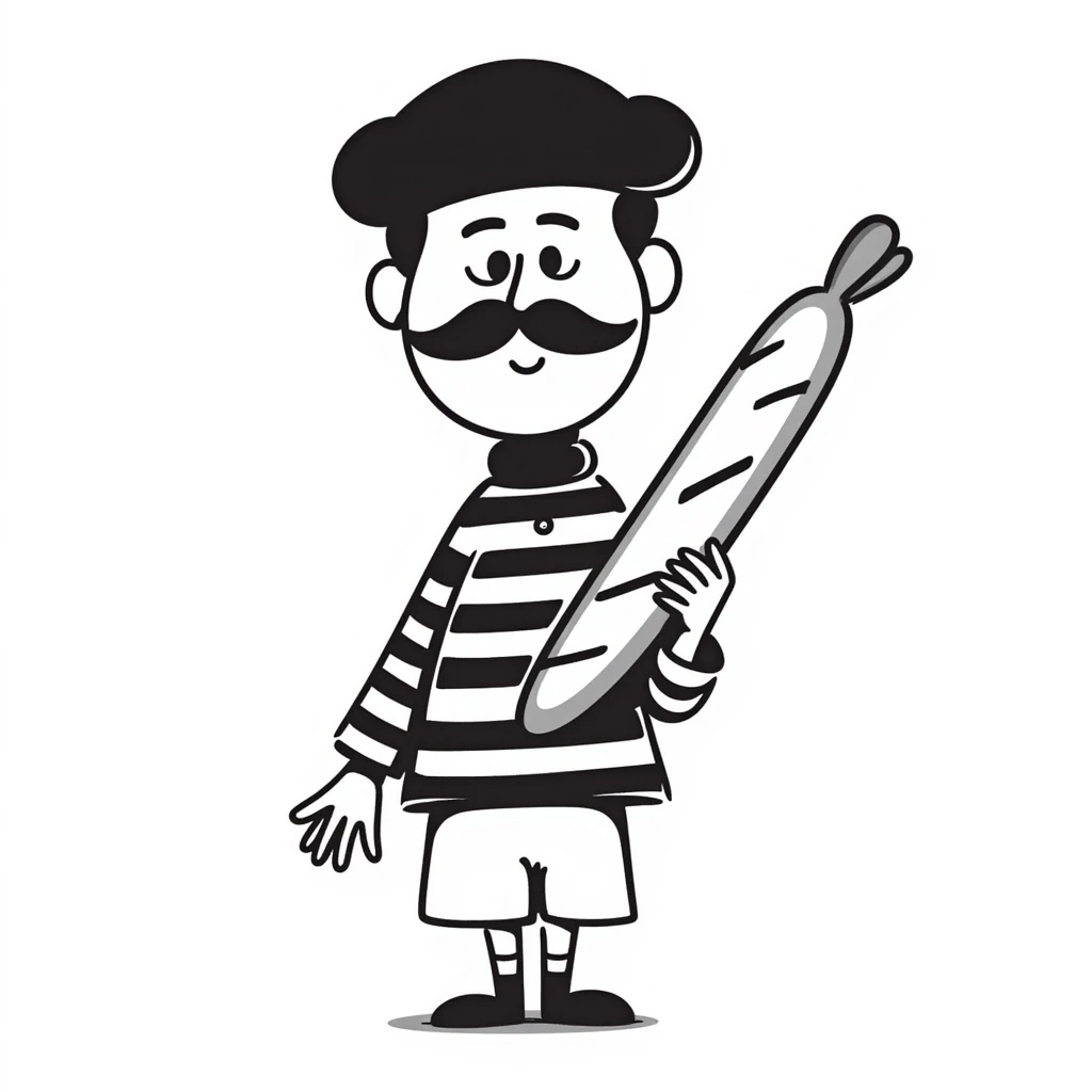 A Frenchman with a moustache and a beret, holding a baguette, wearing a black and white striped shirt, hand-drawn doodle style. emoji