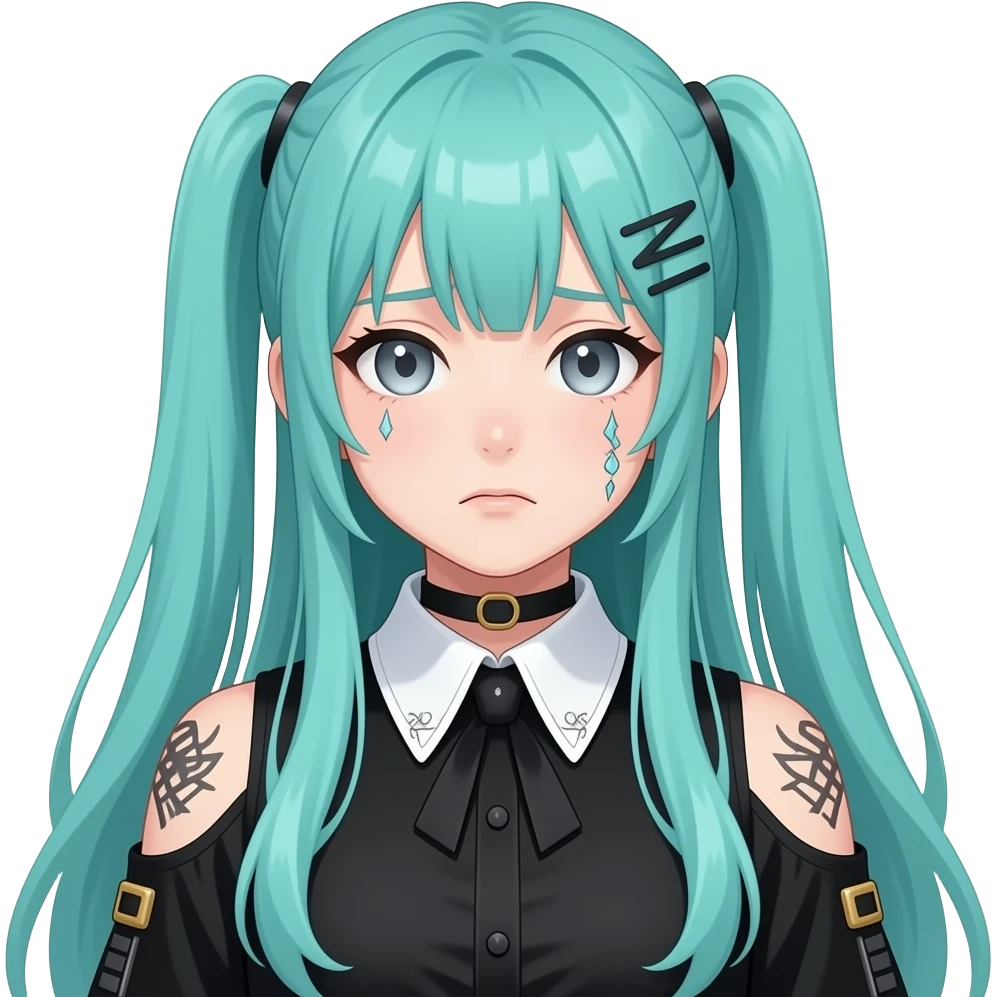 anime girl, embarrased, face tattoos, long flowing teal hair, grey eyes, black shoulder cyberpunk blouse with fancy white collar emoji