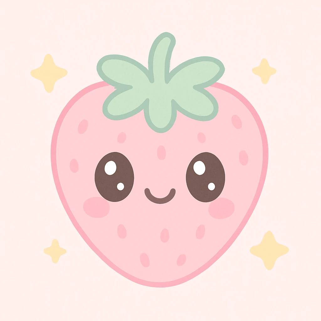 pink strawberry with a cute face, kawaii style, smiling with big eyes emoji