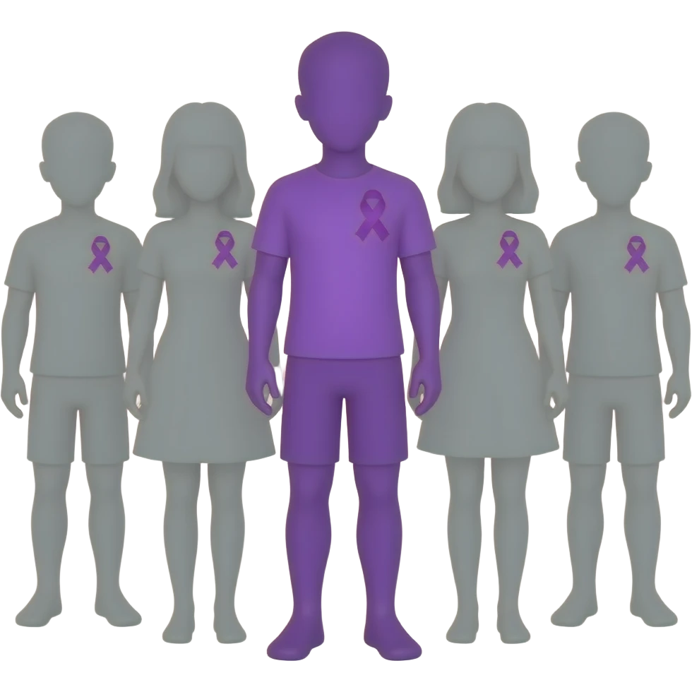 iOS-style emoji: group of human silhouettes (boys and girls) taking a photo, each wearing a small purple ribbon for fibromyalgia awareness, with one silhouette fully purple standing out, soft gradients, cute and minimal, transparent background emoji