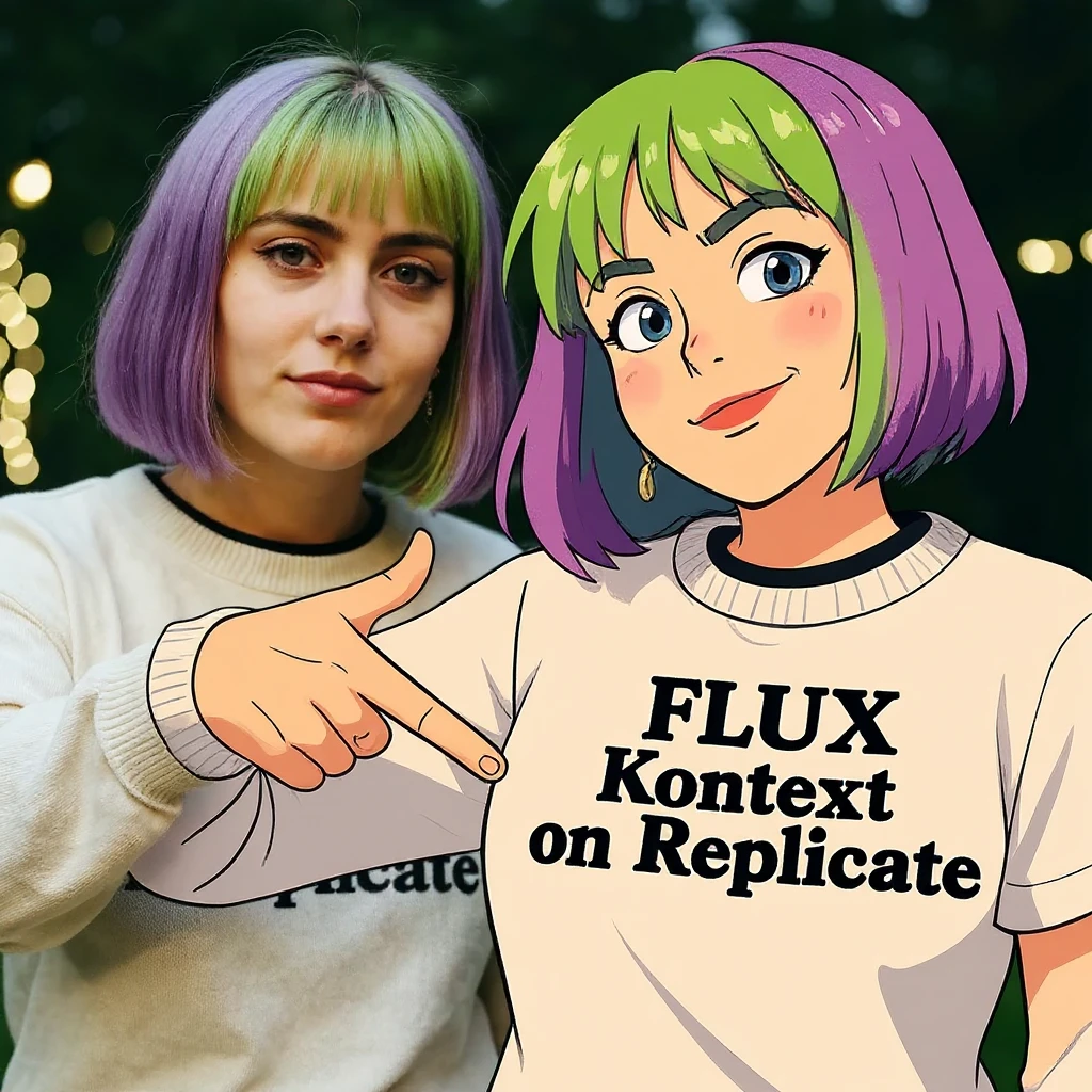 make a image of a girl with a anime version of that girl beside her wearing tshirt with text of "FLUX Kontext", avoid replicate emoji