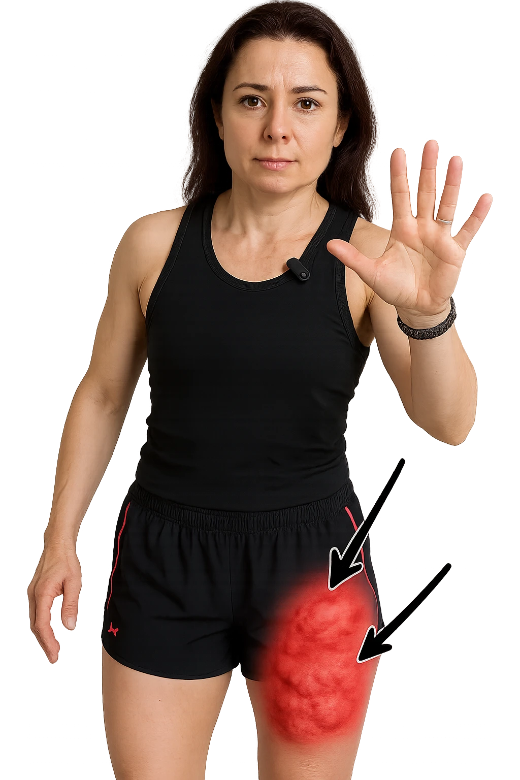 Donna con cellulite sulle cosce indica le cosce che sono infiammate di cellulite con frecce ad indicare  emoji