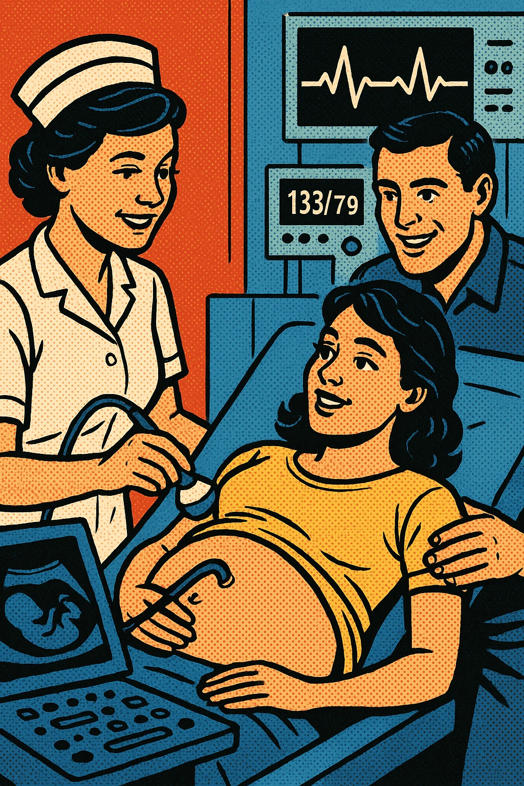 A nurse giving a pregnant young woman an ultrasound scan in a modern hospital with her husband by her side and in the background heart rate monitors and blood pressure emoji