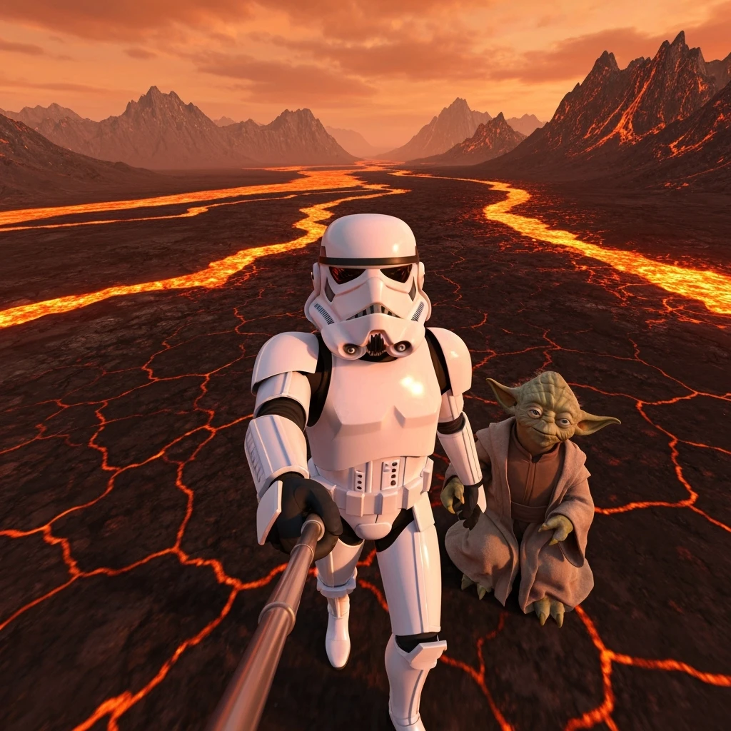Camera POV, Starwars stormtroopers vlogging selfie, he is walking on lava planet with yoda emoji