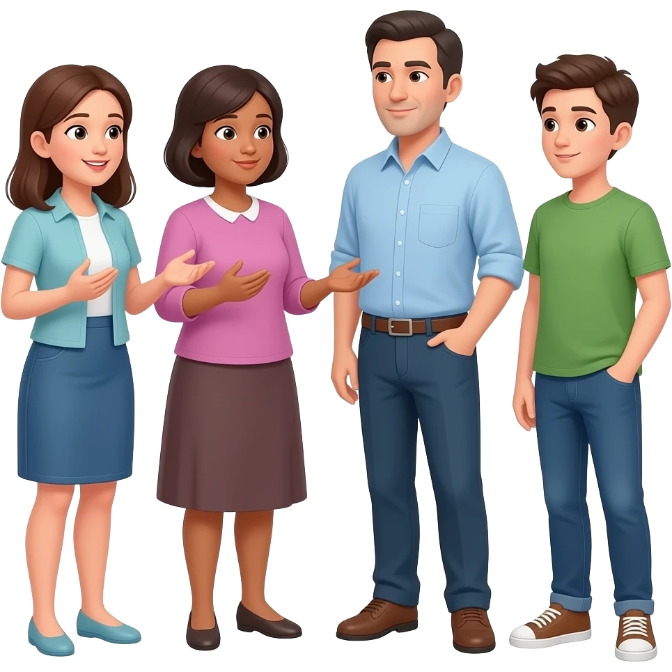 grupo de personas hablando que este integrado por una señora joven de 35 años comunicandose con una mama un papa y un adolescente emoji