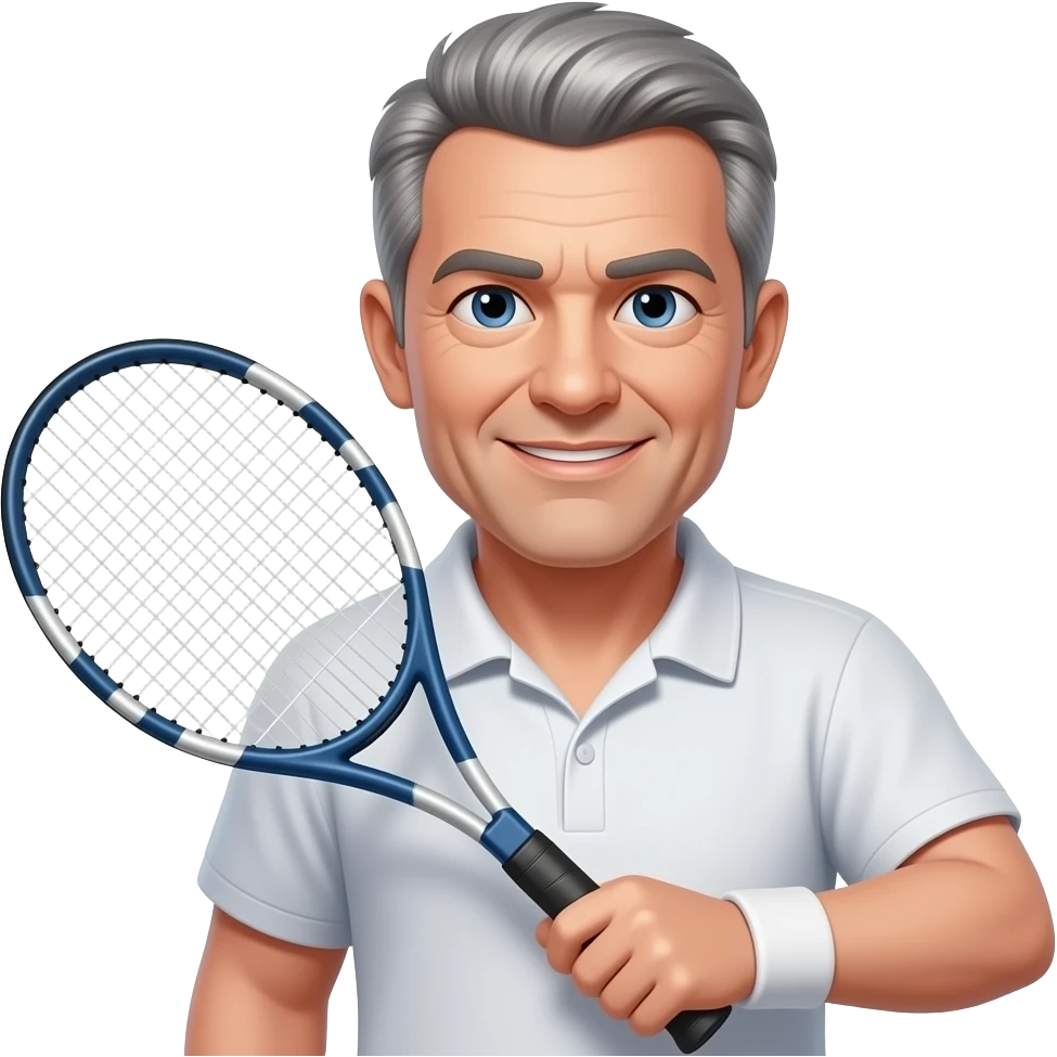 man, 60s aged, short grey hair, blue eyes, tennis racket emoji