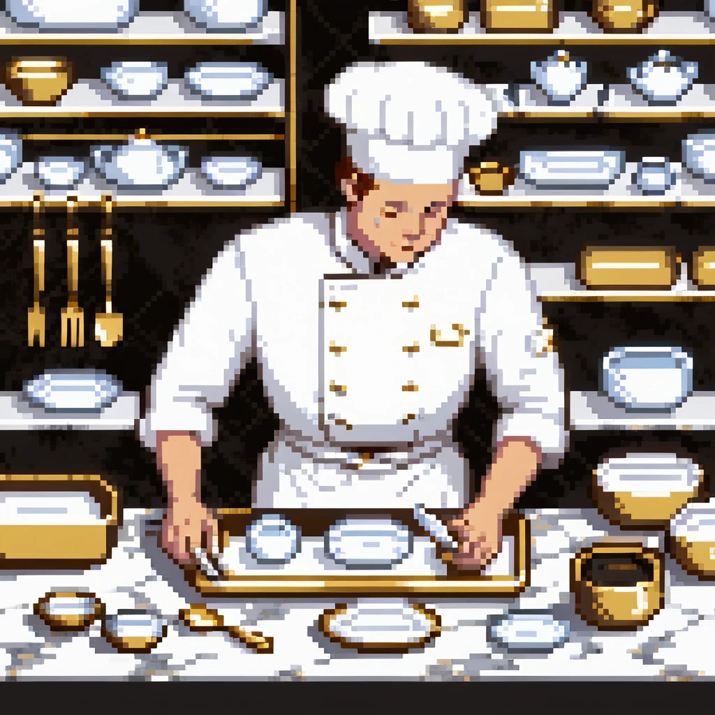 Ein eleganter Bäcker in weißer Uniform, arbeitet auf einer Marmorplatte mit Porzellanformen und goldverzierten Utensilien. Die Umgebung erinnert an eine klassische französische Patisserie. Interface wirkt wie graviertes Porzellan mit filigranen Mustern.
 emoji