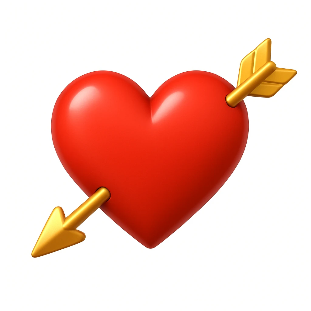 A 3D emoji in iOS emoji aesthetic style of a red heart pierced by a golden arrow, symbolizing love and romance, glossy and smooth surface, bright and cheerful lighting, clean white background emoji