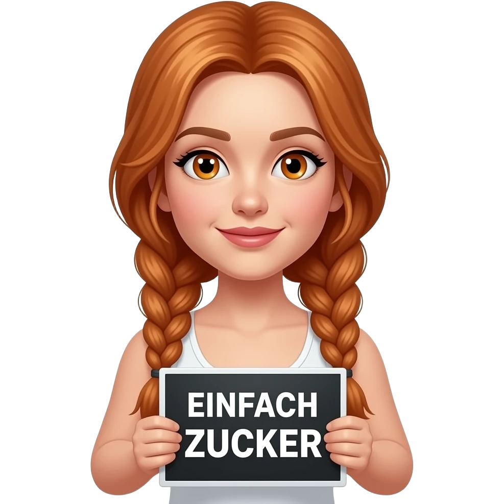 sexy girl with long ginger braids and ginger eyes wearing a white tanktop is holding a black sign with ...EINFACH ZUCKER written on it emoji