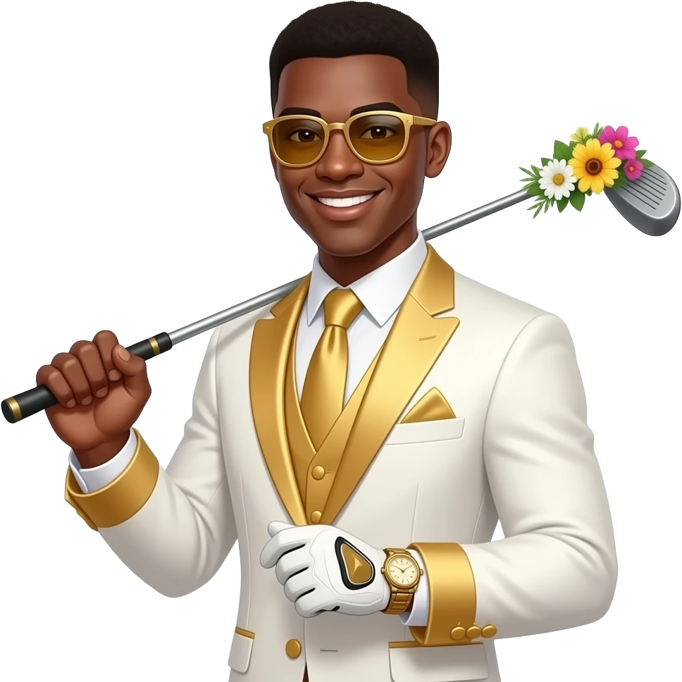 black skinned 22 year old man with a brown low taper fade wearing rich white and gold suit with a gold watch holding golf of flowers with gold sunglasses smiling emoji