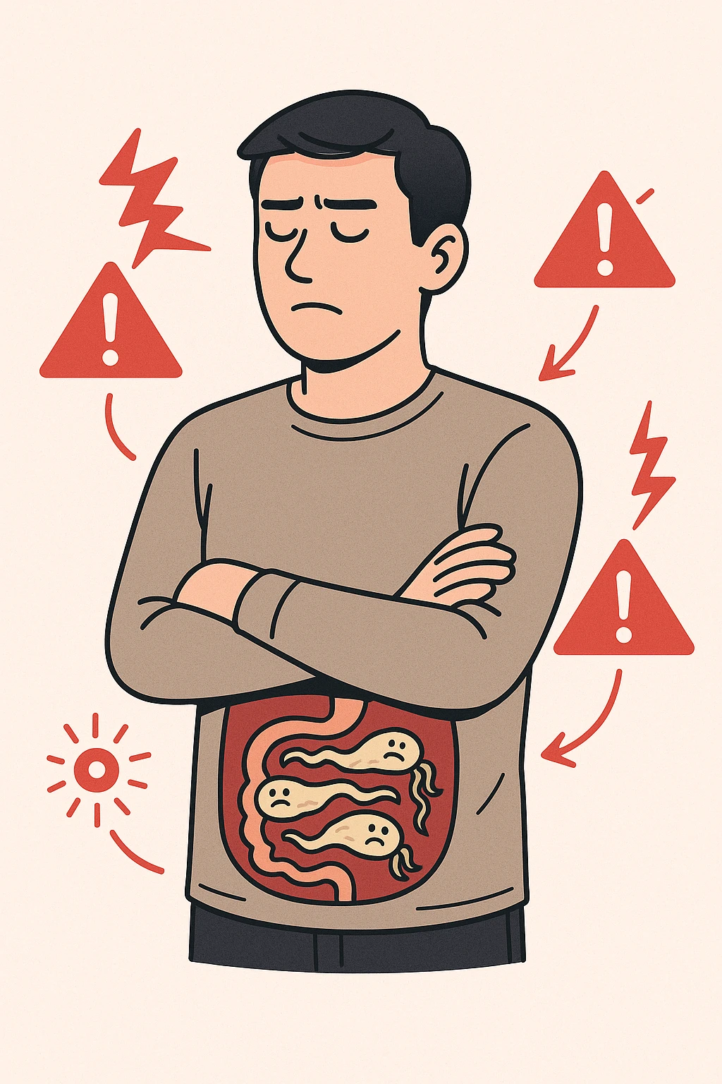 uomo che ignora i suoi un mal di testa, mal di schiena e dolore articolare e ignora ogni segnale e messaggio che il corpo manda per avvertirlo, ma alla fine dipendono tutto dai parassiti intestinali  emoji