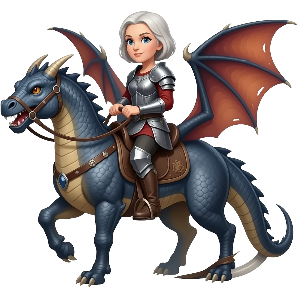 older Targerian woman warrior with short hair riding dragon emoji