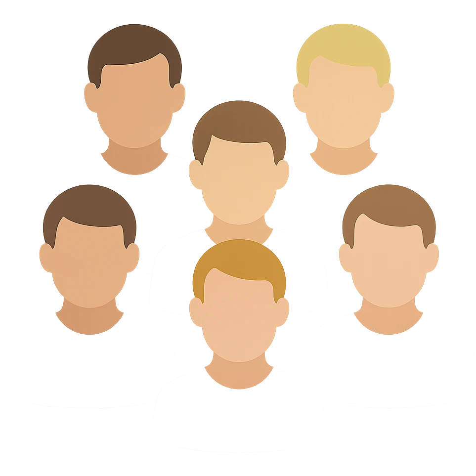 group of 6 men, all with white skin tone, all wearing white shirts, standing together emoji