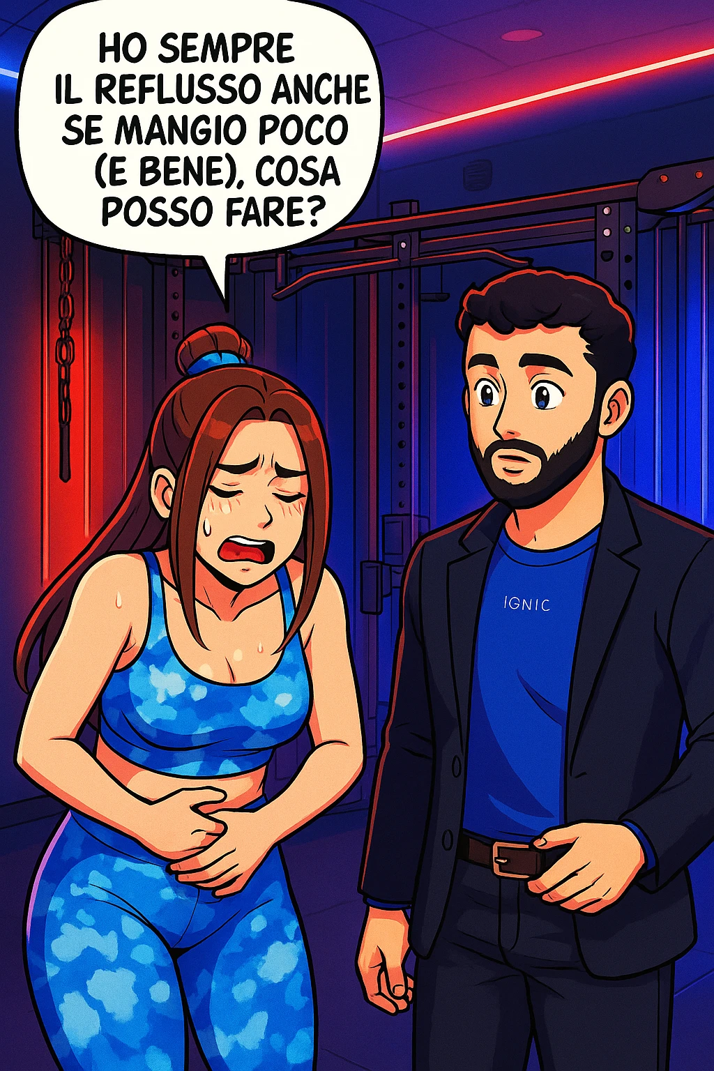 TRASFORMA QUESTO CAROSELLO IN UN FUMETTO STILE WEBTOON/MANGA A COLORI CON QUESTE DUE PERSONE IDENTICHE CHE INTERLOQUISCONO TRA LORO, LA DONNA è DISPERATA CON LE MANI sulla pania perché soffre di reflusso E STA DOMANDANDO TUTTA AGITATA UNA COSA ALL'UOMO:

LEI (DONNA): Ho sempre il reflusso anche se mangio poco (e bene), cosa posso fare?
 emoji