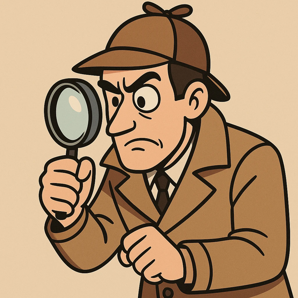 an investigator wearing a coat, examining something closely with a loupe, detective style, cartoon style, classic detective look emoji